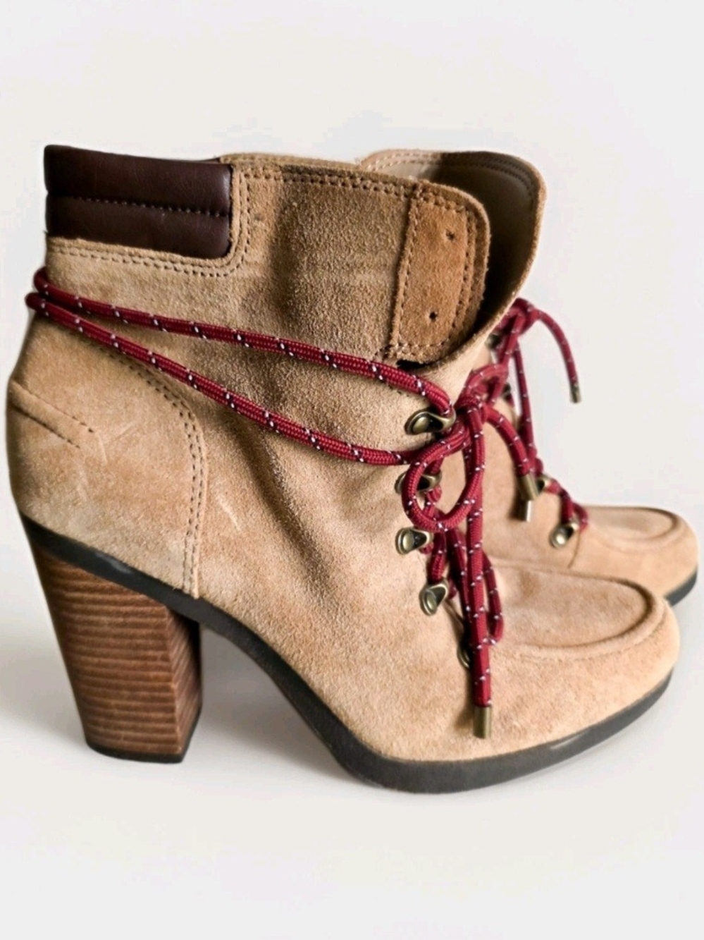 Gianni Bini Beige Suede Lace-Up Ankle Boot with Burgundy Laces